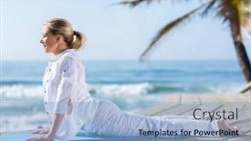  Presentation with peaceful - PPT layouts having peaceful middle aged woman practice yoga on beach background and a light blue colored foreground