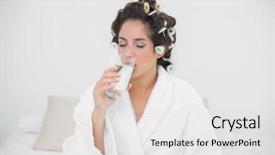  Presentation with peaceful - PPT theme featuring peaceful natural brunette drinking glass of water in bedroom background and a light gray colored foreground