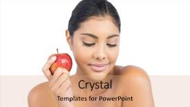  Presentation with peaceful - Audience pleasing PPT theme consisting of peaceful nude brunette holding red apple on white background backdrop and a coral colored foreground