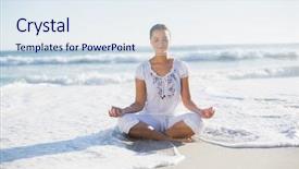  Presentation with peaceful - Presentation theme enhanced with peaceful pretty woman in lotus position on the beach on a sunny day with wave reaching her background and a sky blue colored foreground