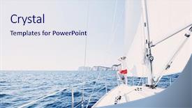  Presentation with red bow - Presentation having young woman wearing sunglasses and red shorts standing on deck under sails on yacht bow enjoying wonderful view to peaceful sea looking far covering her eyes by hand during summer sailing holidays background and a sky blue colored foreground