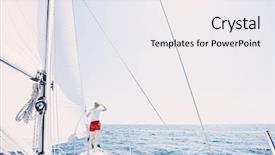  Presentation with sails sailing yacht catamaran sailing - Audience pleasing slides consisting of young woman wearing sunglasses and red shorts standing on deck under sails on yacht bow enjoying wonderful view to peaceful sea looking far covering her eyes by hand during summer sailing holidays backdrop and a sky blue colored foreground