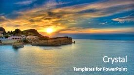  Presentation with sun rising over north america - Presentation featuring peaceful serenity - sunset over corfu island greece background and a seafoam green colored foreground
