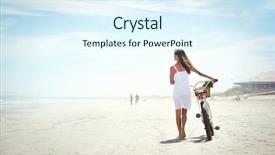  Presentation with sad woman walking - PPT theme enhanced with peaceful serenity - woman walking with bicycle along background and a sky blue colored foreground
