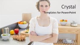  Presentation with business woman standing on maze - Slide set featuring peaceful serious woman standing with arms crossed in kitchen looking at camera background and a light gray colored foreground