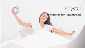  Presentation with peaceful - Cool new presentation theme with peaceful-smiling-brunette-holding-alarm backdrop and a white colored foreground