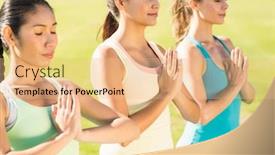  Presentation with peaceful - Slide deck having peaceful sporty women doing yoga together in parkland background and a coral colored foreground