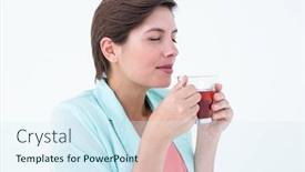  Presentation with peaceful - Slide set with peaceful woman drinking cup of tea on white background background and a sky blue colored foreground