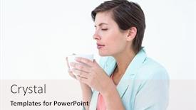  Presentation with peaceful - PPT theme consisting of peaceful woman drinking cup of coffee on white background background and a lemonade colored foreground