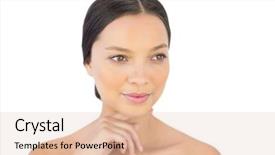  Presentation with peaceful - Amazing PPT theme having peaceful woman holding hand under chin against white background backdrop and a lemonade colored foreground