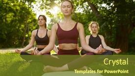  Presentation with group training - Beautiful slide deck featuring peaceful-women-relax-group-yoga backdrop and a tawny brown colored foreground
