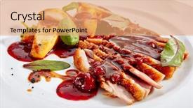  Presentation with poultry meat - Slide set consisting of peach cream on elegant restaurant background and a coral colored foreground