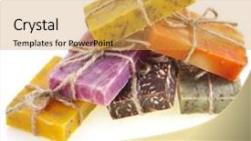  Presentation with different - Cool new slide deck with peach flower daisy - different handmade soaps isolated backdrop and a yellow colored foreground