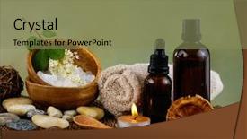  Presentation with rustic wood wooden frame - Audience pleasing slide set consisting of peach flower daisy - spa accessories on wooden mat backdrop and a  colored foreground