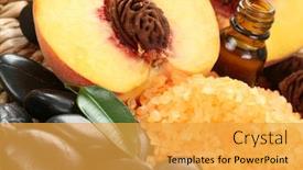  Presentation with essential oil - Presentation featuring peaches bath with bath salt essential oil and fresh fruits background and a yellow colored foreground