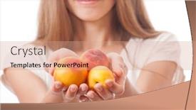  Presentation with female - PPT theme with peaches in female hand isolated on white background background and a coral colored foreground