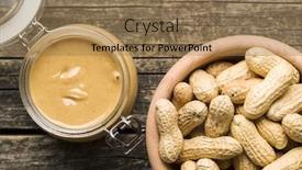  Presentation with peanut - Presentation theme consisting of peanut butter in jar and peanuts on wooden table background and a coral colored foreground