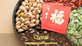  Presentation with chinese new year lunar - Presentation having peanut culture - traditional chinese snack tray background and a tawny brown colored foreground