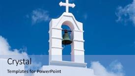  Presentation with church blue - Colorful slide deck enhanced with peaple - old bell on the top backdrop and a light blue colored foreground