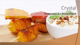 Presentation with almonds - PPT theme enhanced with pear and orange skewers with bowl of yogurt chopped nuts and almonds on wooden cutting board background and a sky blue colored foreground