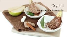  Presentation with pear - Theme enhanced with pear-in-chocolate-in-bowls background and a coral colored foreground