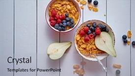  Presentation with healthy breakfast - Amazing PPT theme having pear in two ceramic bowl backdrop and a light gray colored foreground