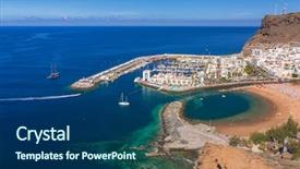  Presentation with small town - Slide deck consisting of pearl harbor - puerto de mogan town background and a ocean colored foreground