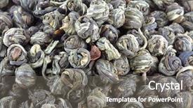  Presentation with tea leaves fresh green leaf - Audience pleasing slide set consisting of pearl herbal - closeup of dried chinese hand backdrop and a gray colored foreground
