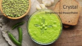  Presentation with green glass - Colorful presentation design enhanced with peas - green pea soup in glass backdrop and a coral colored foreground