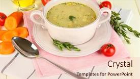  Presentation with fuschia pink - Slides enhanced with pease - nourishing soup in pink pan background and a  colored foreground