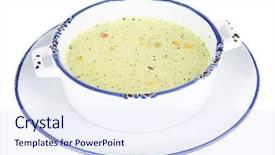  Presentation with white marble plate marble - Presentation design enhanced with pease - soup in plate isolated background and a  colored foreground