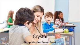  Presentation with homework - Beautiful slide set featuring pedagogia - teacher with student at homework backdrop and a lemonade colored foreground