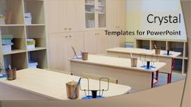  Presentation with school class arabic kids - Slide set enhanced with pedagogics - interior of an empty school background and a  colored foreground