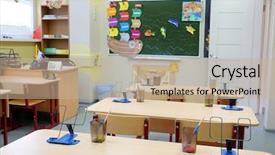  Presentation with school class arabic kids - Cool new PPT theme with pedagogics - interior of an empty school backdrop and a  colored foreground