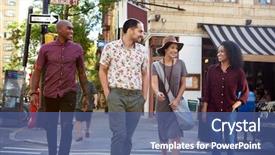  Presentation with street food new york - Colorful presentation design enhanced with pedestrian - group of friends crossing urban backdrop and a ocean colored foreground