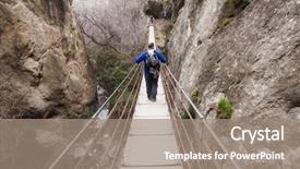  Presentation with wooden - Theme enhanced with pedestrian bridge - male hiker crossing wooden fragile background and a gray colored foreground