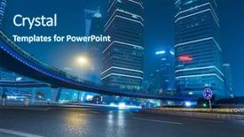  Presentation with pedestrian bridge - Colorful PPT theme enhanced with pedestrian-bridge-and-skyscrapers-low backdrop and a ocean colored foreground