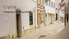  Presentation with pedestrian - Presentation theme enhanced with pedestrian-cobblestone-street-in-cascais background and a soft green colored foreground