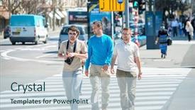 Presentation with walking - Slide deck featuring pedestrian crossing - three male friends walking down background and a lemonade colored foreground