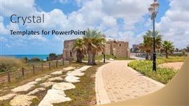  Presentation with ancient israel - Audience pleasing presentation design consisting of pedestrian walkway lampposts and ancient on promenade along mediterranean sea coastline in ashqelon israel backdrop and a light blue colored foreground