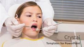  Presentation with pediatric dentist - Presentation theme enhanced with pediatric dentist examining a patients teeth in the dentists chair at the dental clinic background and a coral colored foreground