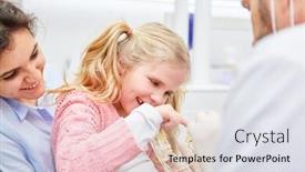  Presentation with pediatric dentist - Presentation design consisting of pediatric dentist shows girl a denture model before the examination in pediatrician practice background and a light gray colored foreground