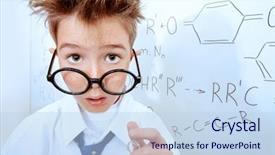  Presentation with school board - Colorful slide deck enhanced with funny schoolboy in big glasses standing by the school board chemistry science and education backdrop and a light blue colored foreground