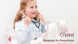  Presentation with pediatric hospital - Audience pleasing presentation theme consisting of pediatric hospital - little doctor examining teddy bear backdrop and a sky blue colored foreground