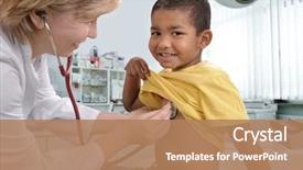  Presentation with child boy hold basket - Presentation theme consisting of pediatric nursing - female doctor examining little child background and a coral colored foreground