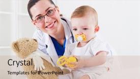  Presentation with pediatrician - Audience pleasing PPT layouts consisting of pediatric nursing - friendly female pediatrician and baby backdrop and a coral colored foreground