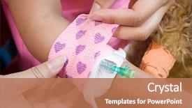  Presentation with catheter - Audience pleasing slides consisting of pediatric nursing - girl having bandage put backdrop and a coral colored foreground