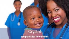  Presentation with baby nurse - PPT theme with pediatric nursing - happy young african nurse carrying background and a ocean colored foreground