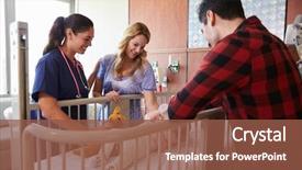  Presentation with hospital bed - Audience pleasing slide set consisting of pediatric nursing - pediatrician visiting parents and child backdrop and a tawny brown colored foreground