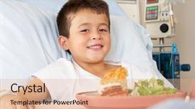  Presentation with hospital bed - PPT theme consisting of pediatric patient - boy eating meal in hospital background and a coral colored foreground